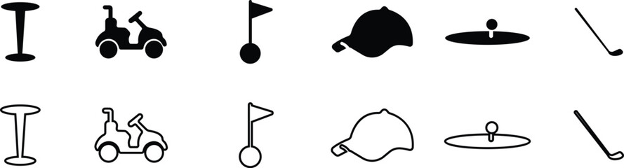 Black Golf Flat Line Style Vector Icon Set, Sports Equipment Symbol Collection and Recreation Outline Graphic Group Featuring Club, Ball, Tee and Course Elements