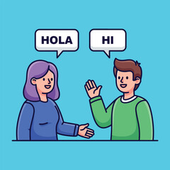 Friendly Cartoon Man and Woman Greeting Communicating in Different Languages. © NFS Studio