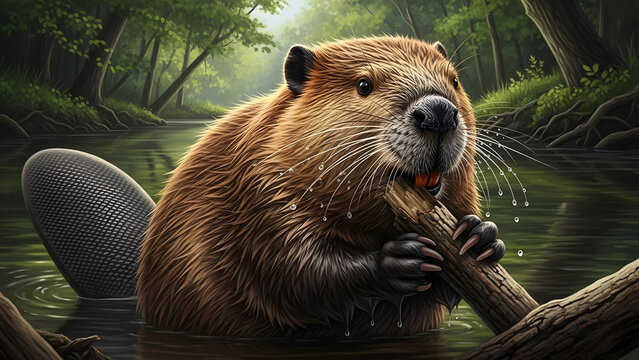 Closeup of a north american beaver chewing on a branch in a lush green forest river