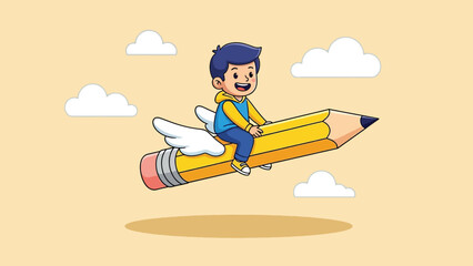 Happy cartoon boy riding a magical flying yellow pencil with wings.