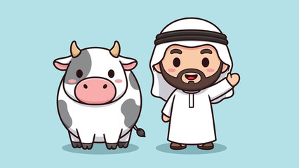 Smiling Cartoon Arab Man in Traditional Dress Waving Next to Cute Spotted Cow.