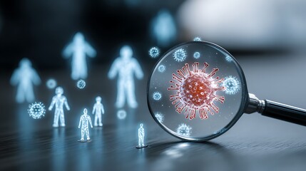Awesome photo of magnifying glass examining a virus molecule with glowing human silhouettes representing social distancing.