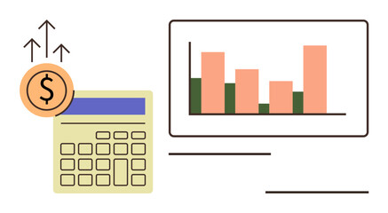 Fototapeta premium Calculator and bar chart showing financial data with increasing dollar signs. Ideal for finance, accounting, investment, profitability, budgeting, business strategy, and economic growth. Simple flat