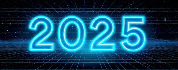 A futuristic representation of the year 2025, highlighted in glowing blue numbers against a digital grid background.