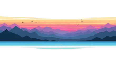 Flat 2D vector graphic showing tranquil summer sunset colors transitioning above dark seacoast and majestic mountain range silhouettes, isolated on a clean white background. © Rahmanart