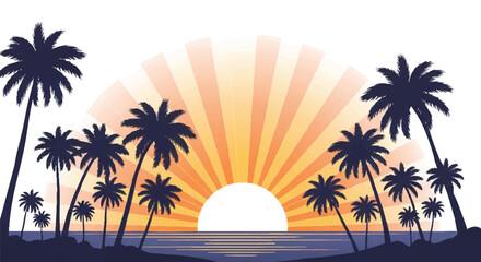 Minimalist 2D flat vector illustration featuring dark tropical Hawaiian palm silhouettes contrasted against a beautiful warm sunrise glow on a clean white background.
