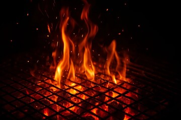 Barbecue Grill with Flaming Charcoal Fire and Sparks on Black Background - Hot BBQ Flames, Glowing Coals, Empty Grate for Cooking, Summer Grilling Concept
