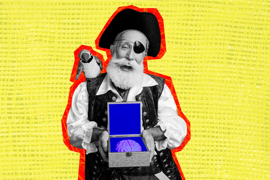 Sketch image trend artwork montage 3D collage of silhouette aged man pirate captain parrot bird hand hold storage trunk container brain