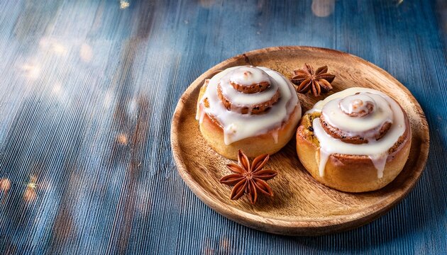 warm and delicious cinnamon rolls with cream cheese glaze and star anise on wooden plate food concept