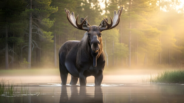 Majestic bull moose standing in misty forest lake at sunrise
