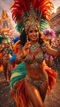 A vibrant Brazilian Carnival dancer in an ornate samba costume, captured mid-motion amid a festive crowd, glowing lights, and explosive color, celebrating joy, rhythm, and culture.