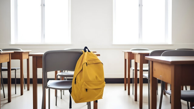 Empty classroom with a yellow backpack hanging on a chair indoors