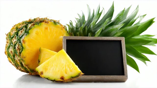 Fresh pineapple display with chalkboard and slices on white background