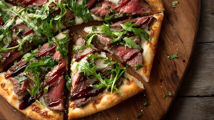 Awesome photo of slices of steak pizza topped with arugula and balsamic glaze drizzle on a wooden board.