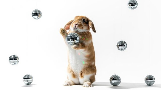 rabbit with a mirrored disco ball, party celebration, on a white background, party animal photo