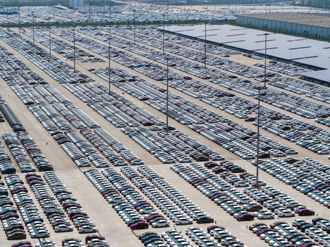 Wuhan Vehicle Parking Lot with New Cars - Aerial View