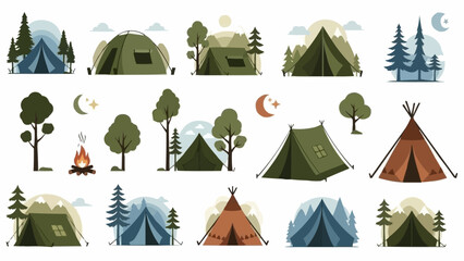 Collection of Diverse Camping Tents and Outdoor Scenes.