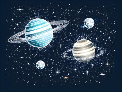 A blue and white planet with a ring around it is surrounded by other planets