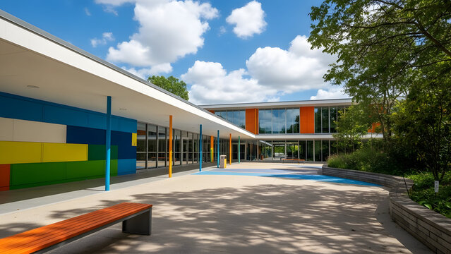 Colorful modern school building exterior with bright architectural details and sunny sky
