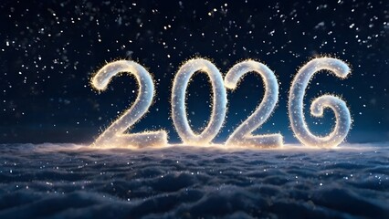 Brilliant “2026” formed from luminous particles floating in a deep blue night sky, sparkling light trails and soft bokeh glow, festive and magical atmosphere, modern abstract celebration style in whit