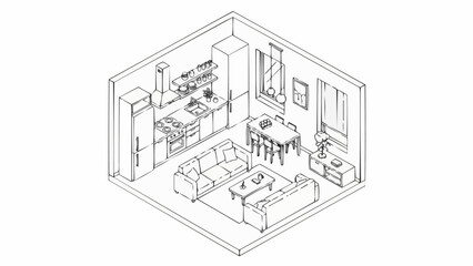 Cozy Isometric Living Room and Kitchen Combo with Furniture and Appliances.