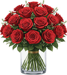Luxury red rose bouquet in glass vase with green leaves isolated on white background for Valentines Day vector
