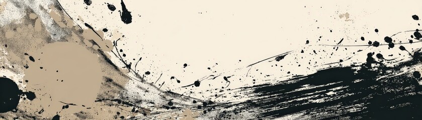 An abstract image featuring splashes of black and beige paint, creating a dynamic and artistic composition.