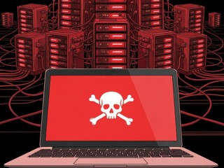 A laptop screen  displaying a white skull and crossbones warning symbol 