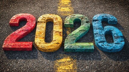 Colorful numbers "2026" on a textured asphalt background, suggesting a vibrant representation of the upcoming year.