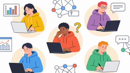 People working on laptops with charts