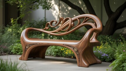 Curvaceous wooden bench with intricate, flowing designs, situated on a concrete path amidst a lush garden. 