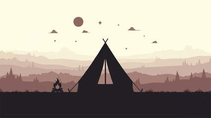 Silhouette of a teepee tent with a campfire in a minimalist landscape. © Arga