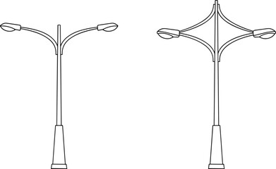 Minimal double arm street lamp icons in outline style, modern urban road lighting poles, isolated black and white vector illustration
