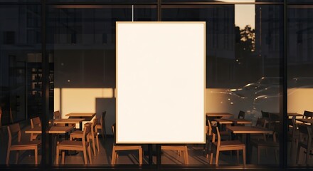 A blank advertising poster hangs in the window of a cozy cafe, inviting customers to discover its warm ambiance and delicious offerings at night