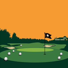 Golf Course Illustration with Flag, Balls, and Sunset Sky