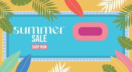 Summer Sale Pool Graphic with Tropical Leaves and Float