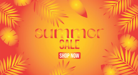 Summer Sale Banner with Tropical Leaves and Warm Colors