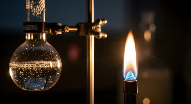 Close-up of a glass round-bottom flask held by a clamp next to a glowing blue and orange flame of a Bunsen burner in a dark lab
