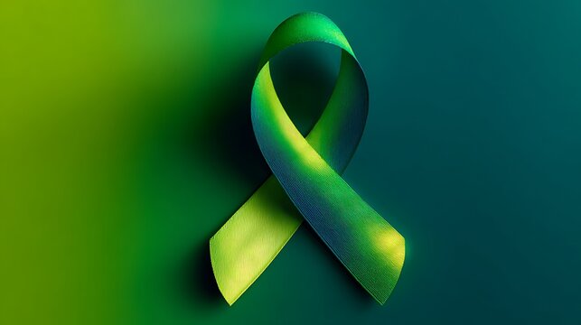 Awesome photo of teal and green awareness ribbon symbol on dark gradient background.