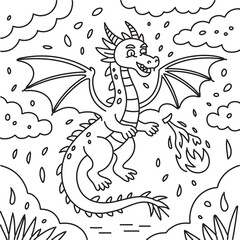 Cartoon Dragon Flying in Stormy Sky with Fire Breath