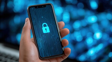 Close-Up of a Smartphone Displaying a Lock Icon Against a Futuristic Circuit Pattern Background Emphasizing Security and Privacy in Digital Technology