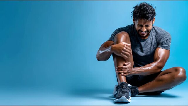Indian sportsman suffering from a sudden ankle sprain during exercise on a blue background