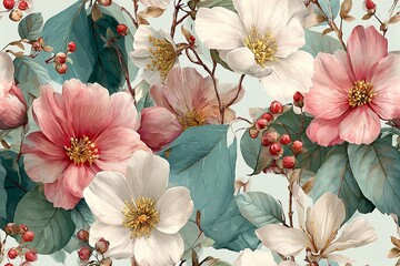 Elegant, chic floral seamless pattern with various flowers