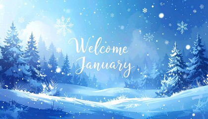 Serene winter landscape with snowflakes and pine trees, welcome January