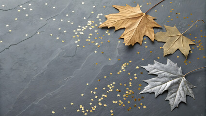 A vibrant autumn landscape design featuring colorful orange and yellow maple leaves scattered on a rustic wooden floor and forest ground during the fall season