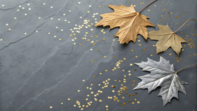 A vibrant autumn landscape design featuring colorful orange and yellow maple leaves scattered on a rustic wooden floor and forest ground during the fall season