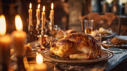 Obraz premium Festive Roasted Turkey Dinner Illuminated by Warm Candlelight.