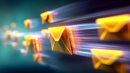 Golden digital envelopes moving rapidly to represent fast communication, message delivery efficiency and the accelerated exchange of information in modern systems.
