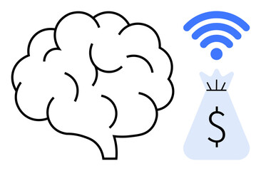 Brain icon alongside a money bag and wireless symbol representing cognitive processes, financial success, and digital connectivity. Ideal for technology, finance, creativity, innovation, business