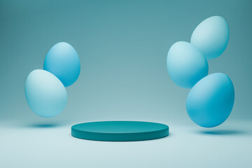 Blue flying Easter eggs around turquoise podium 3D.